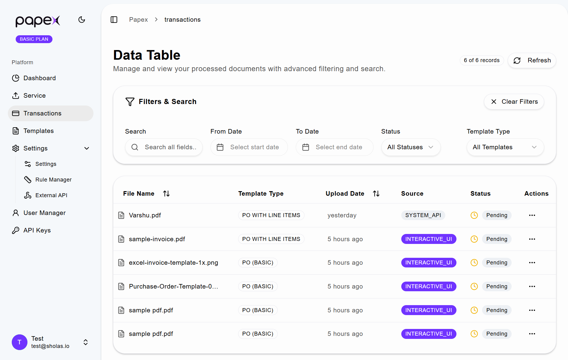 Transactions Page