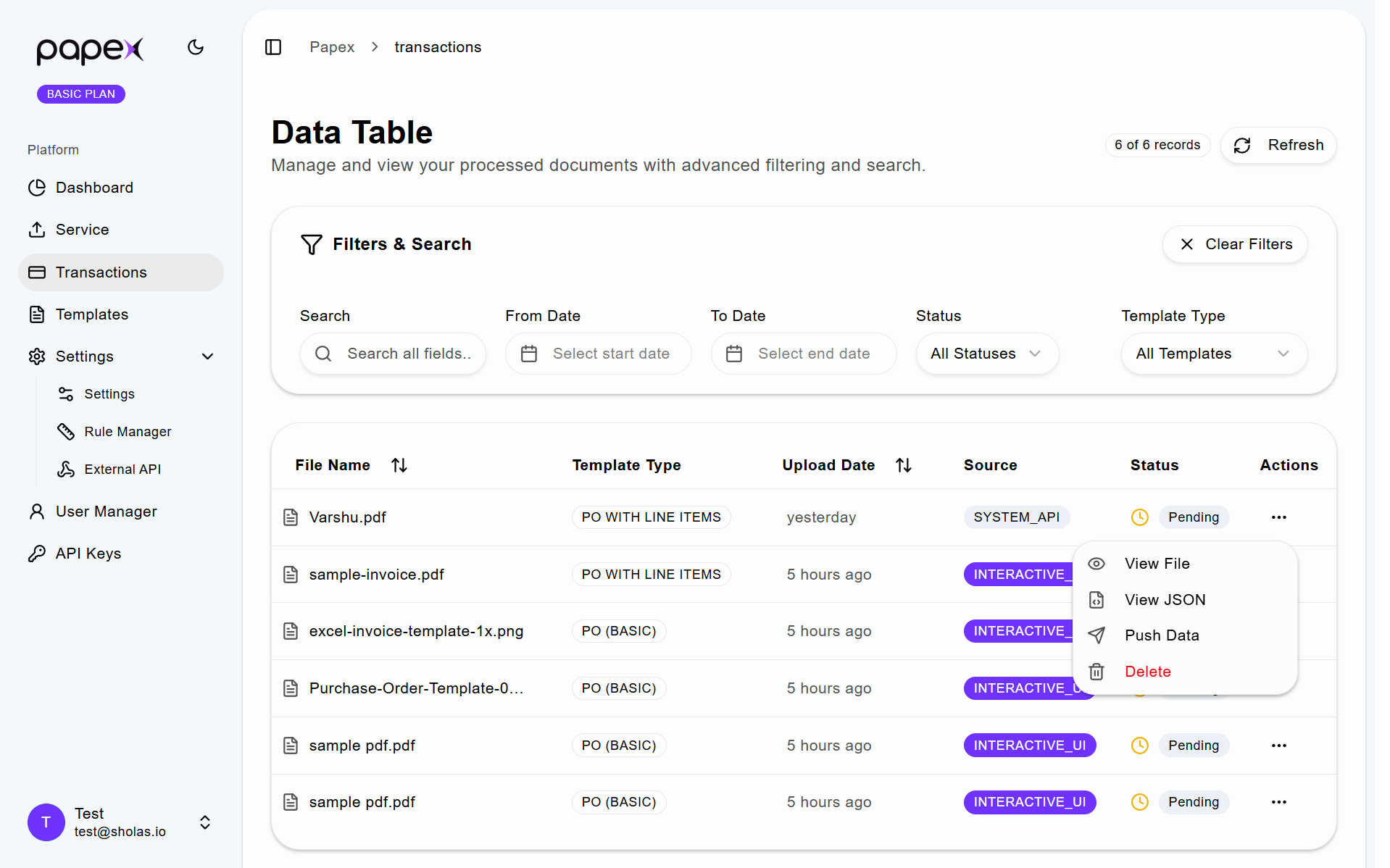 Transactions Page